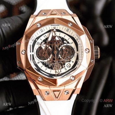 Faux Hublot Big Bang Sang Bleu II Chronograph Watches Rose Gold White Skeleton